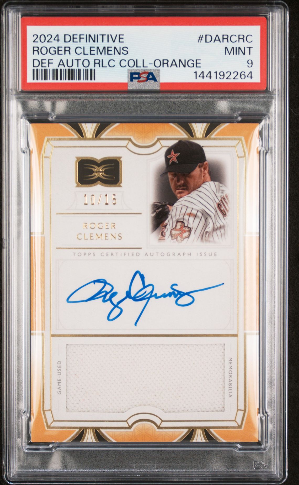 2024 TOPPS DEFINITIVE COLLECTION DEFINITIVE AUTOGRAPH RELIC COLLECTION DEF AUTO RLC COLL-ORANGE #DARCRC Roger Clemens front