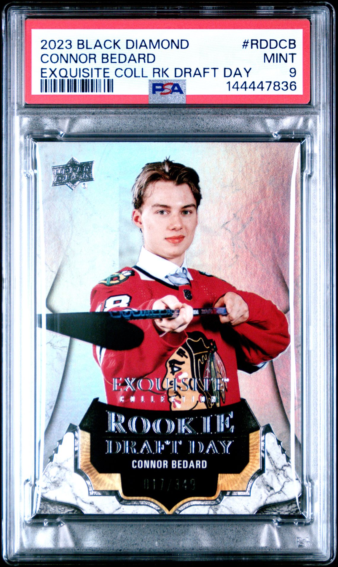2023 Upper Deck UPPER DECK BLACK DIAMOND EXQUISITE COLLECTION ROOKIE DRAFT DAY Platinum #RDDCB Connor Bedard front