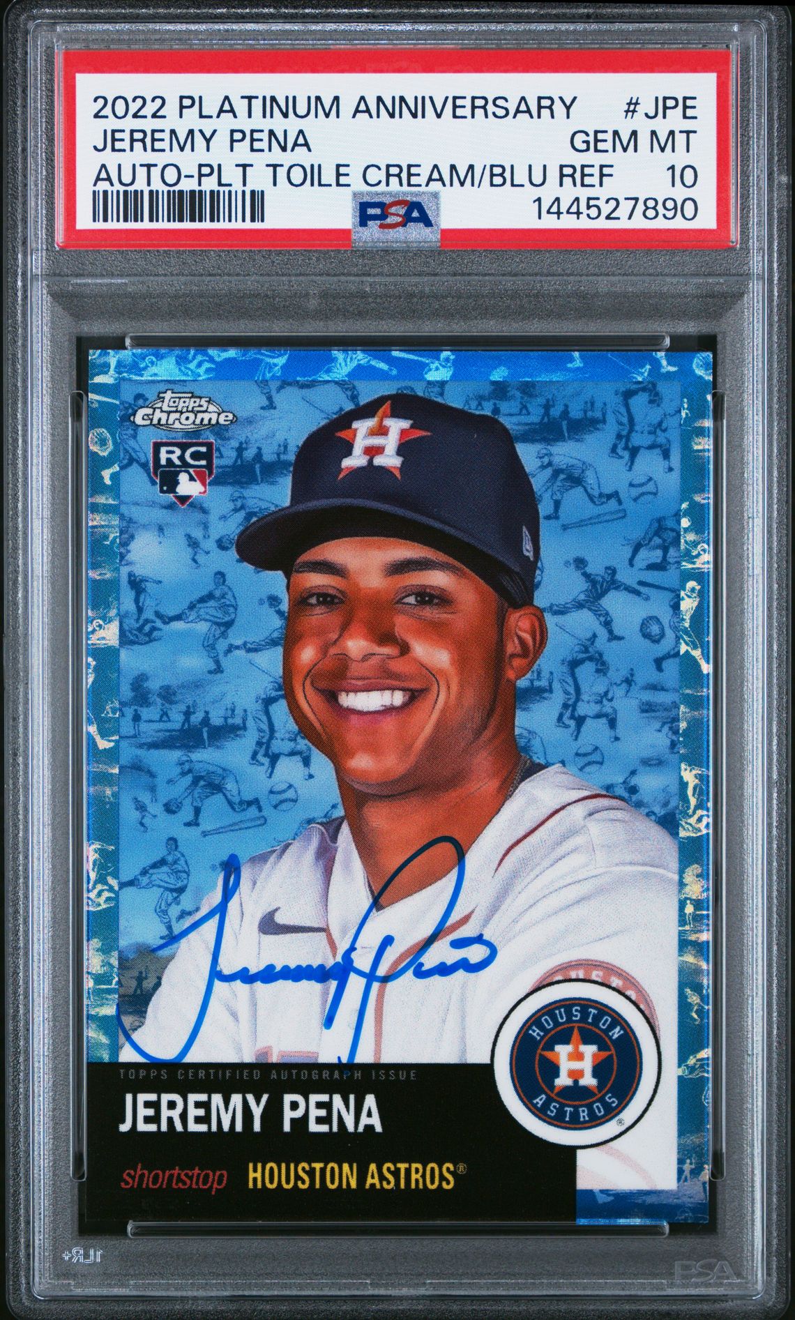 2022 Topps Chrome TOPPS CHROME PLATINUM ANNIVERSARY AUTOGRAPH PLT TOILE CREAM/BLU REF #JPE Jeremy Pena front