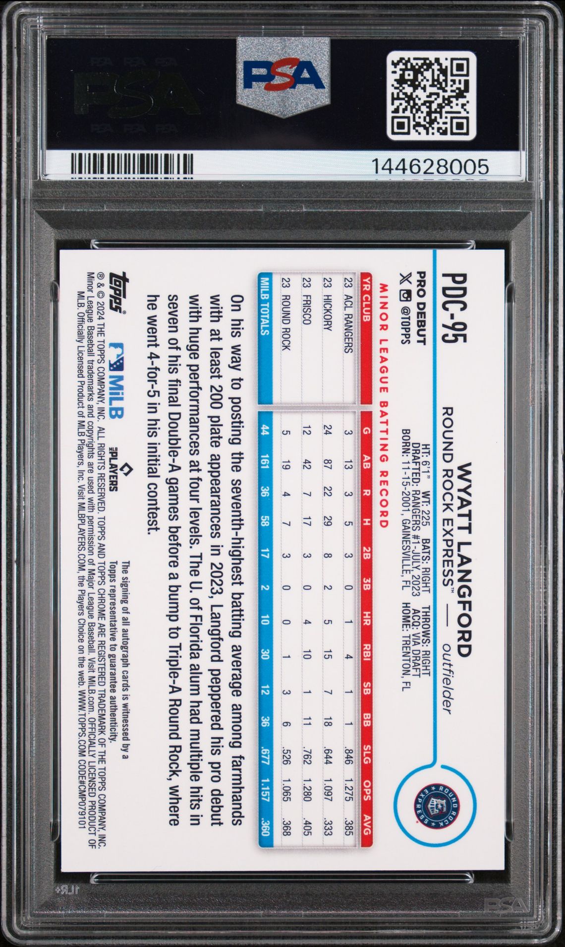 2024 Topps Pro Debut Wyatt Langford #Pdc95 (Chrome-Autograph) Mint 9 back