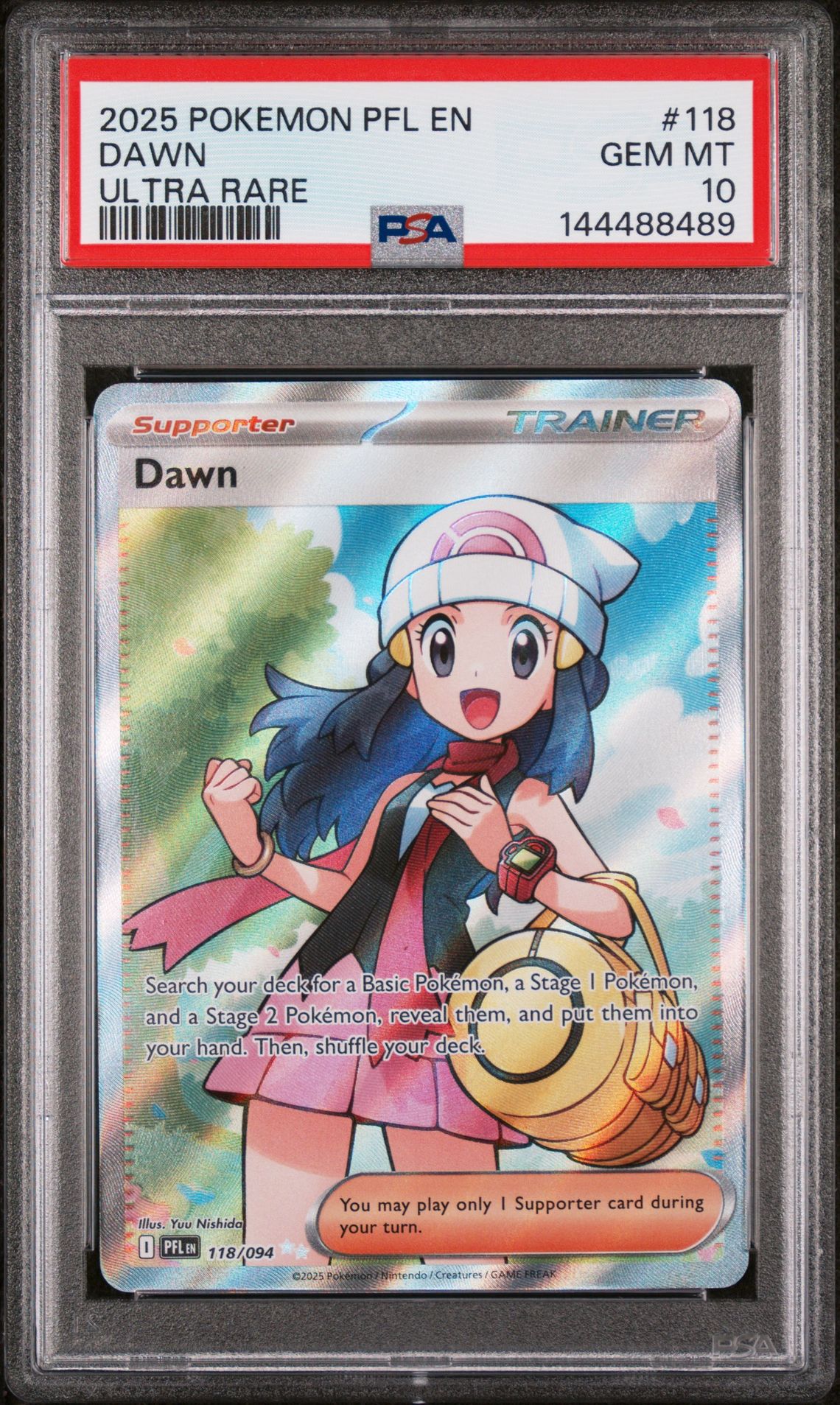 2025 Pokemon Pfl En-Phantasmal Flames Dawn #118 (Ultra Rare) Gem Mt 10 front view - PSA graded GEM MT 10