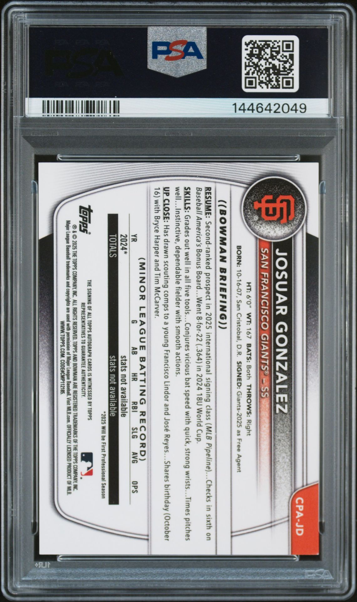 2025 Bowman Chrome Prospect Autographs Josuar Gonzalez #Cpajd (Chr Pros Au-Yellow Ref) Mint 9 back