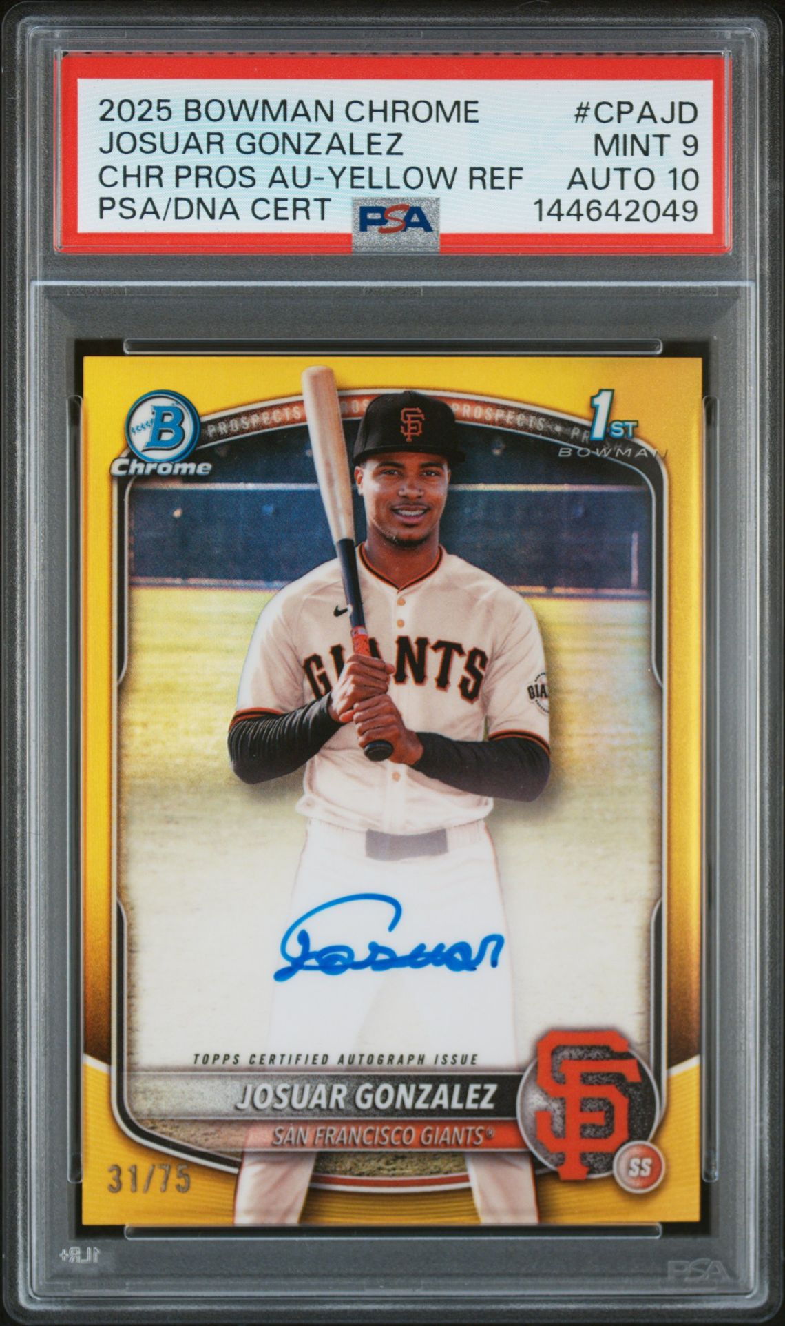 2025 Bowman Chrome Prospect Autographs Josuar Gonzalez #Cpajd (Chr Pros Au-Yellow Ref) Mint 9 front