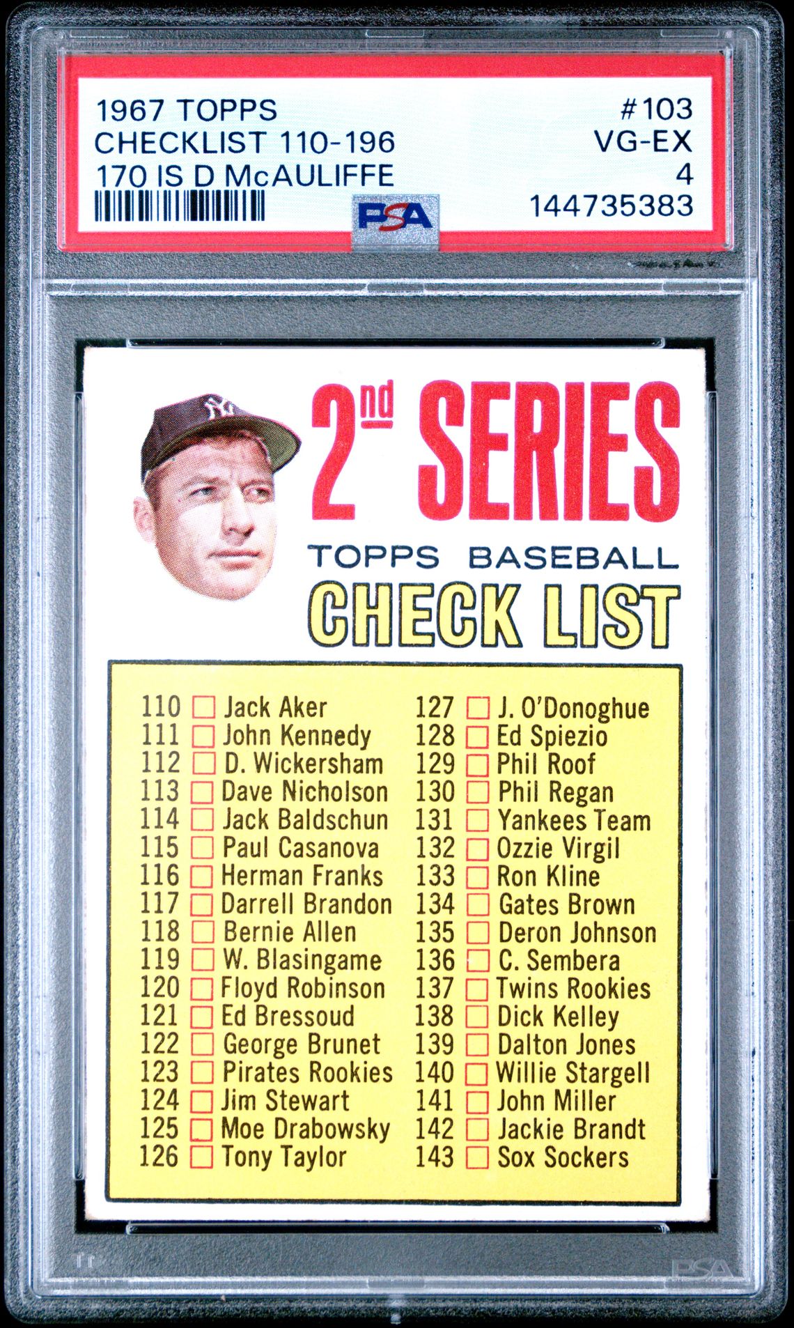 1967 Topps TOPPS 170 IS D MCAULIFFE #103 Checklist 110-196 front