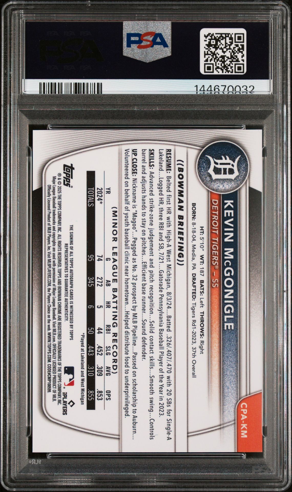 2025 Bowman Chrome Prospect Autographs Kevin Mcgonigle #Cpakm Gem Mt 10 back
