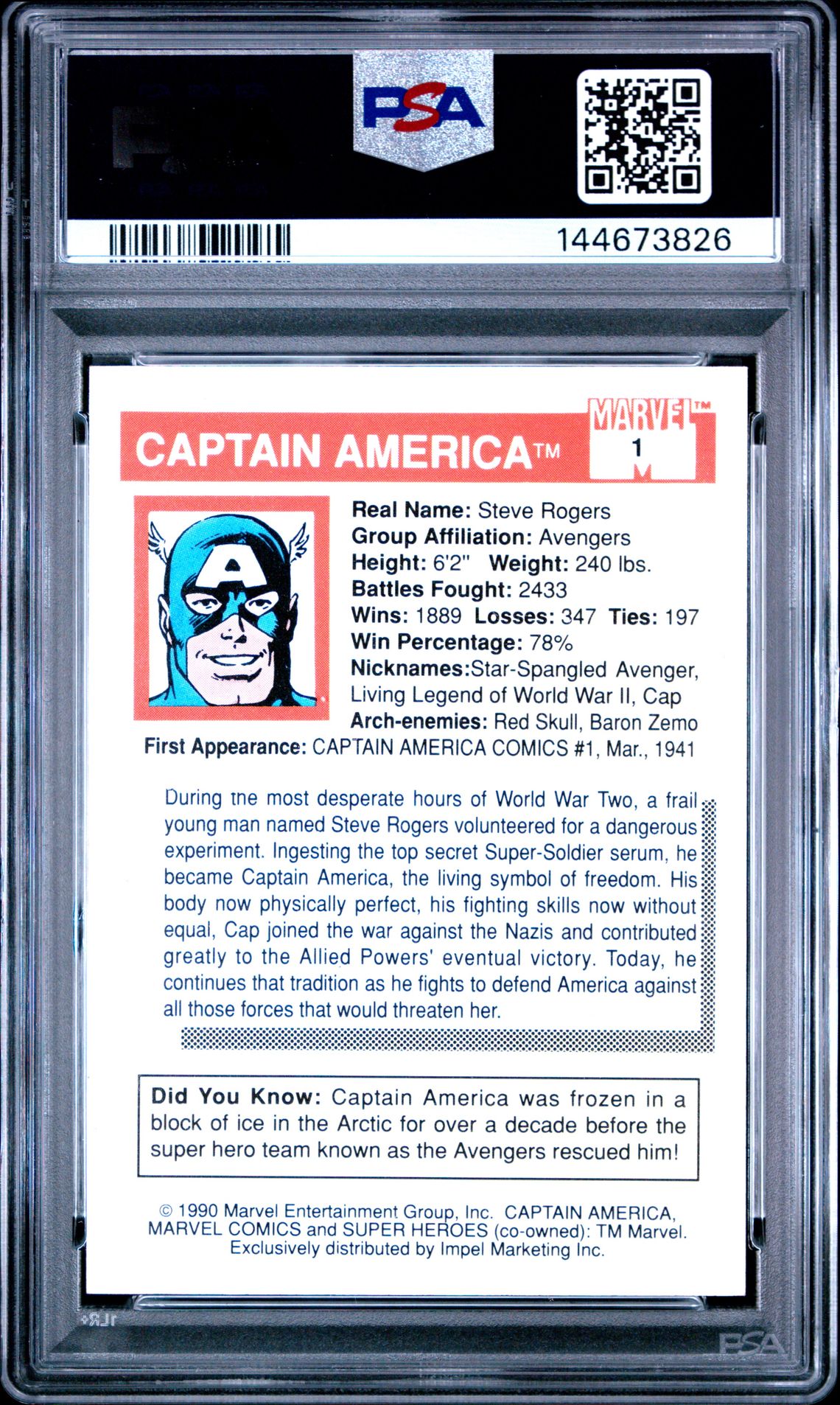 1990 Marvel Universe Captain America #1 Gem Mt 10 back