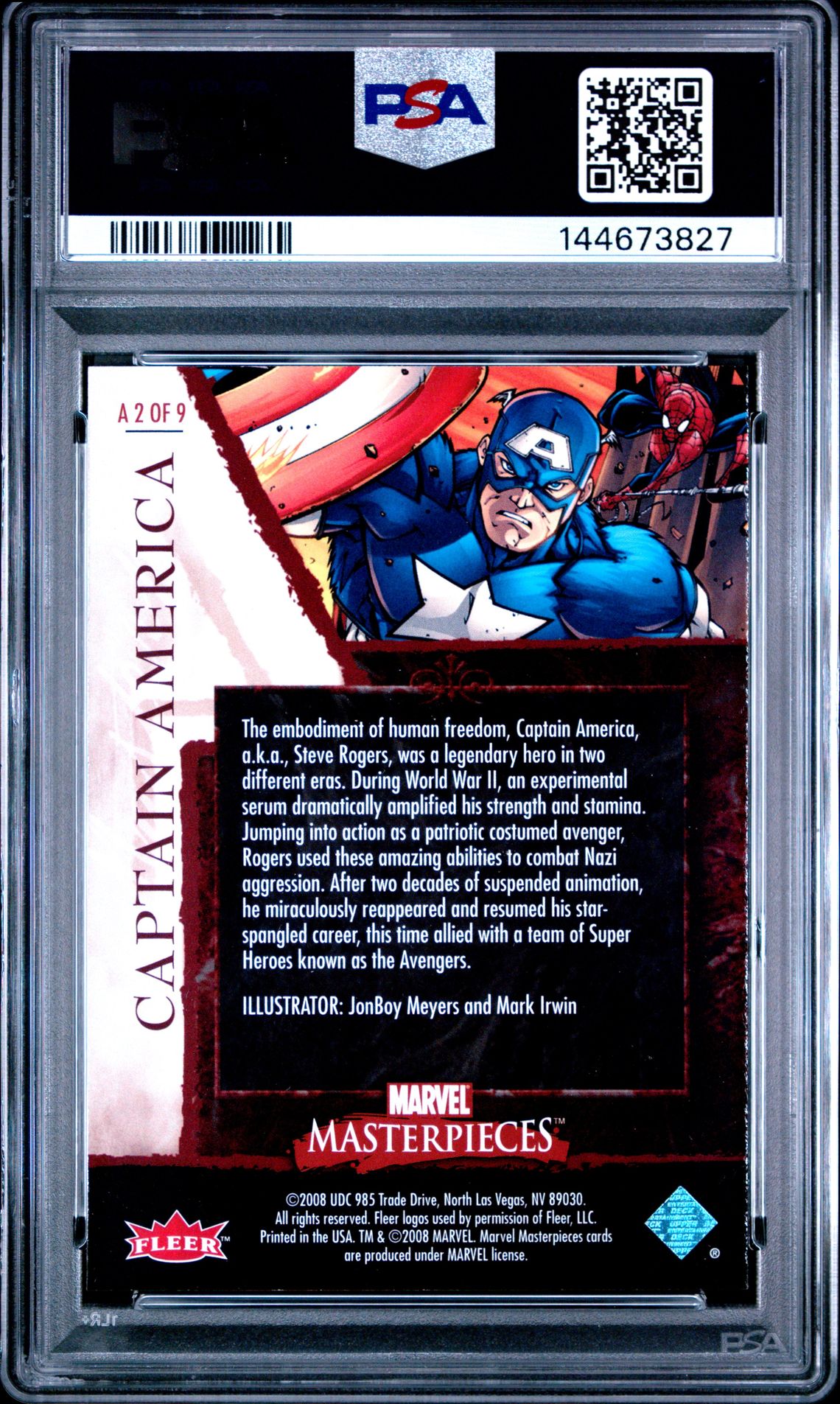 2008 Marvel Masterpieces Avengers Captain America #A2 (Avengers) Gem Mt 10 back