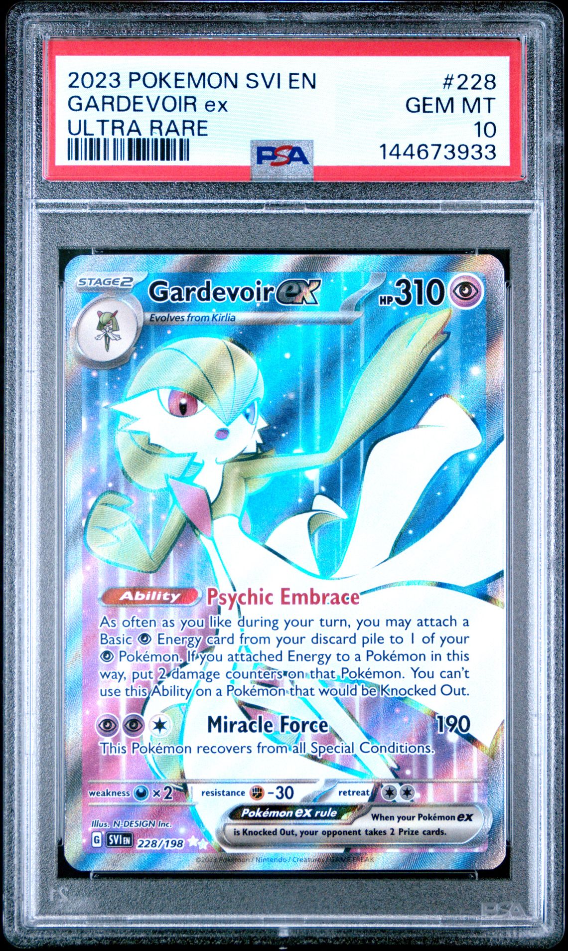 2023 Pokemon Svi En-Scarlet & Violet Gardevoir Ex #228 (Ultra Rare) Gem Mt 10 front view - PSA graded GEM MT 10