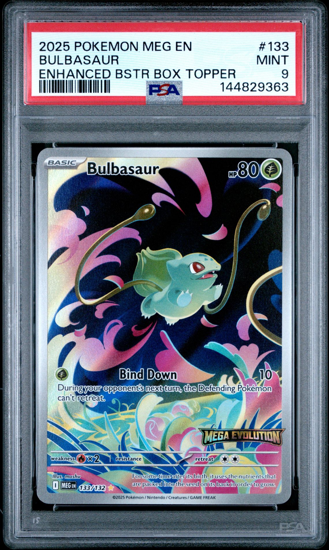 2025 Pokemon Meg En-Mega Evolution Bulbasaur #133 (Enhanced Bstr Box Topper) Mint 9 front