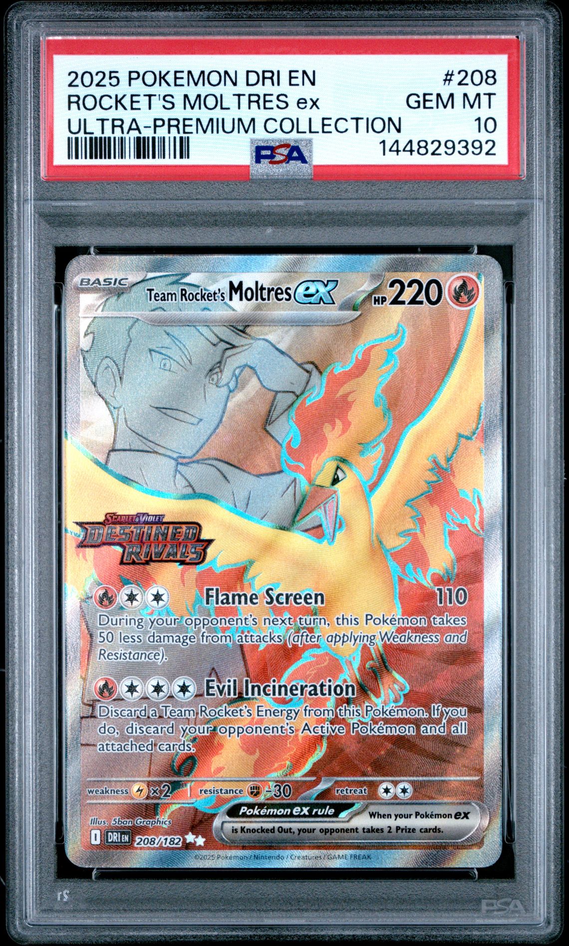 2025 Pokemon Dri En-Destined Rivals Rocket's Moltres Ex #208 (Ultra-Premium Collection) Gem Mt 10 front
