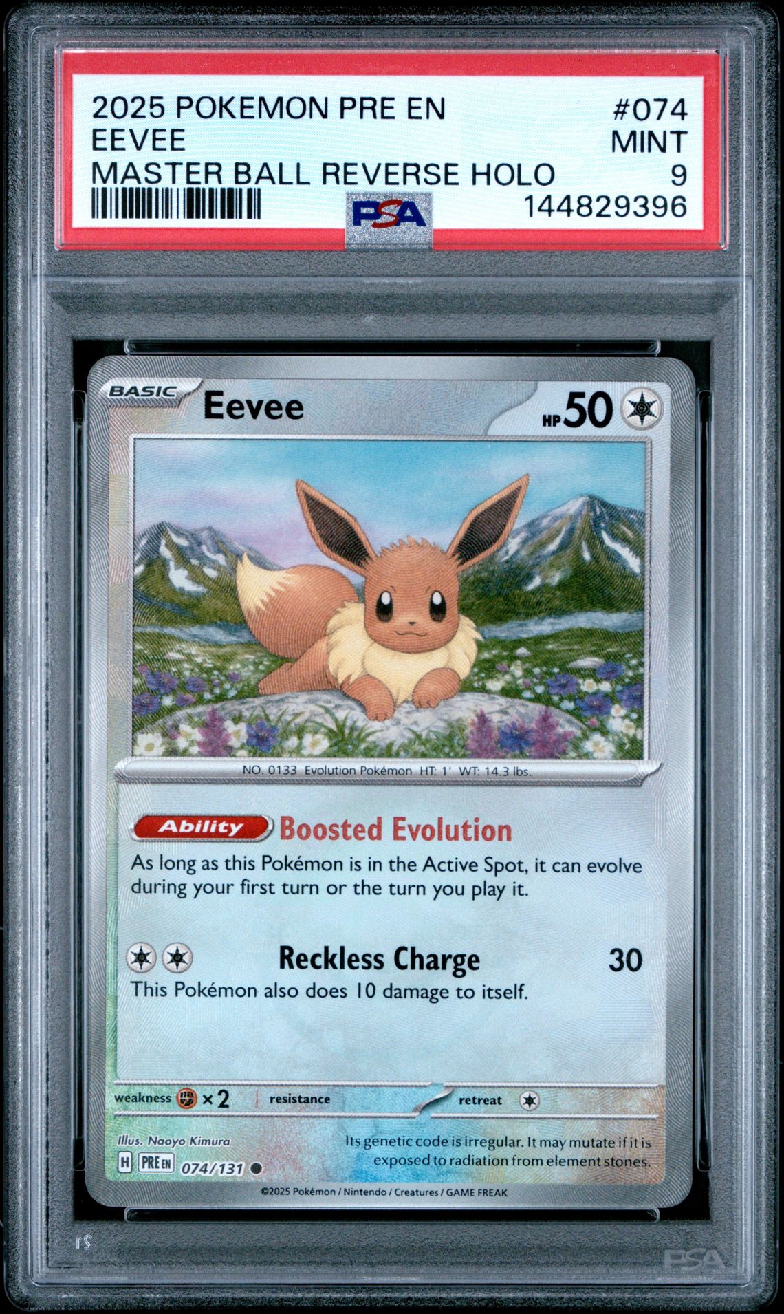 2025 Pokemon Pre En-Prismatic Evolutions Eevee #074 (Master Ball Reverse Holo) Mint 9 front
