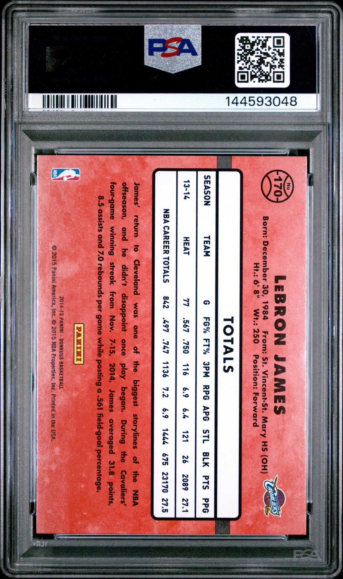 2014 Panini Donruss Lebron James #170 (Silver Press Proof) Mint 9 back