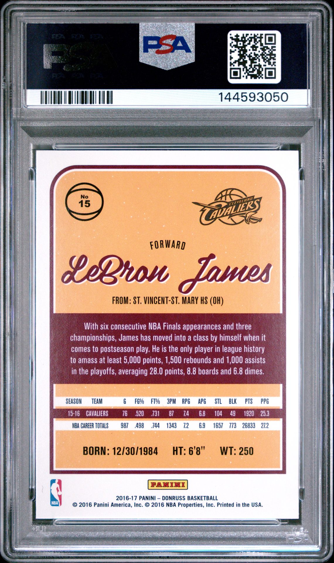 2016 Panini Donruss Lebron James #15 Mint 9 back