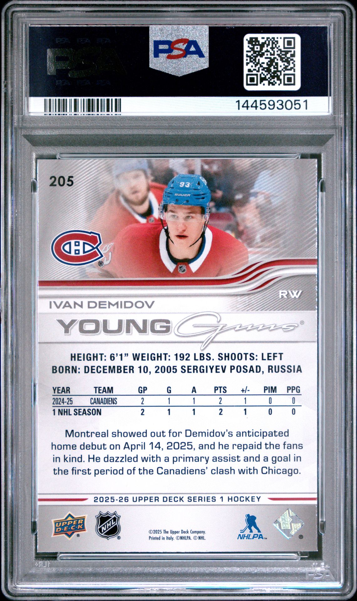 2025 Upper Deck Ivan Demidov #205 Gem Mt 10 back