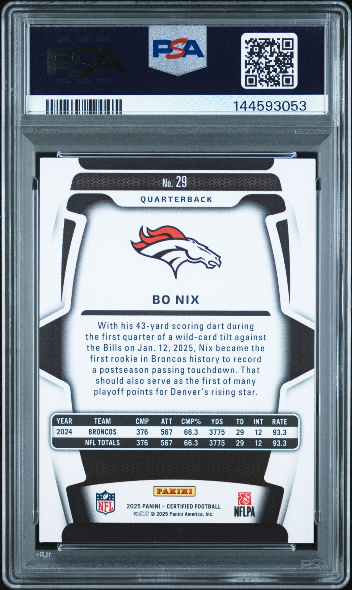 2025 Panini Certified Bo Nix #29 (Mirror Orange) Mint 9 back