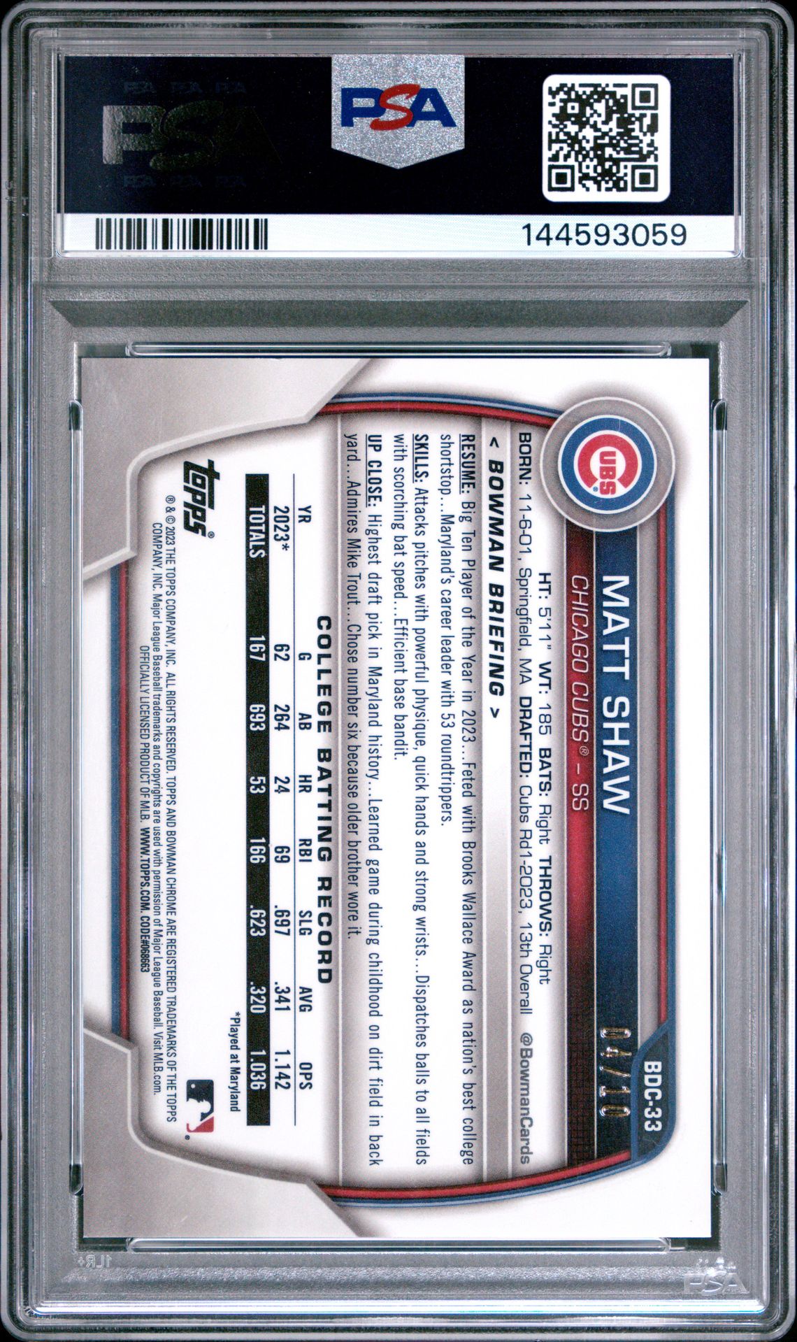 2023 Bowman Draft Matt Shaw #Bdc33 (Chrome-Rose Gold Lava) Mint 9 back