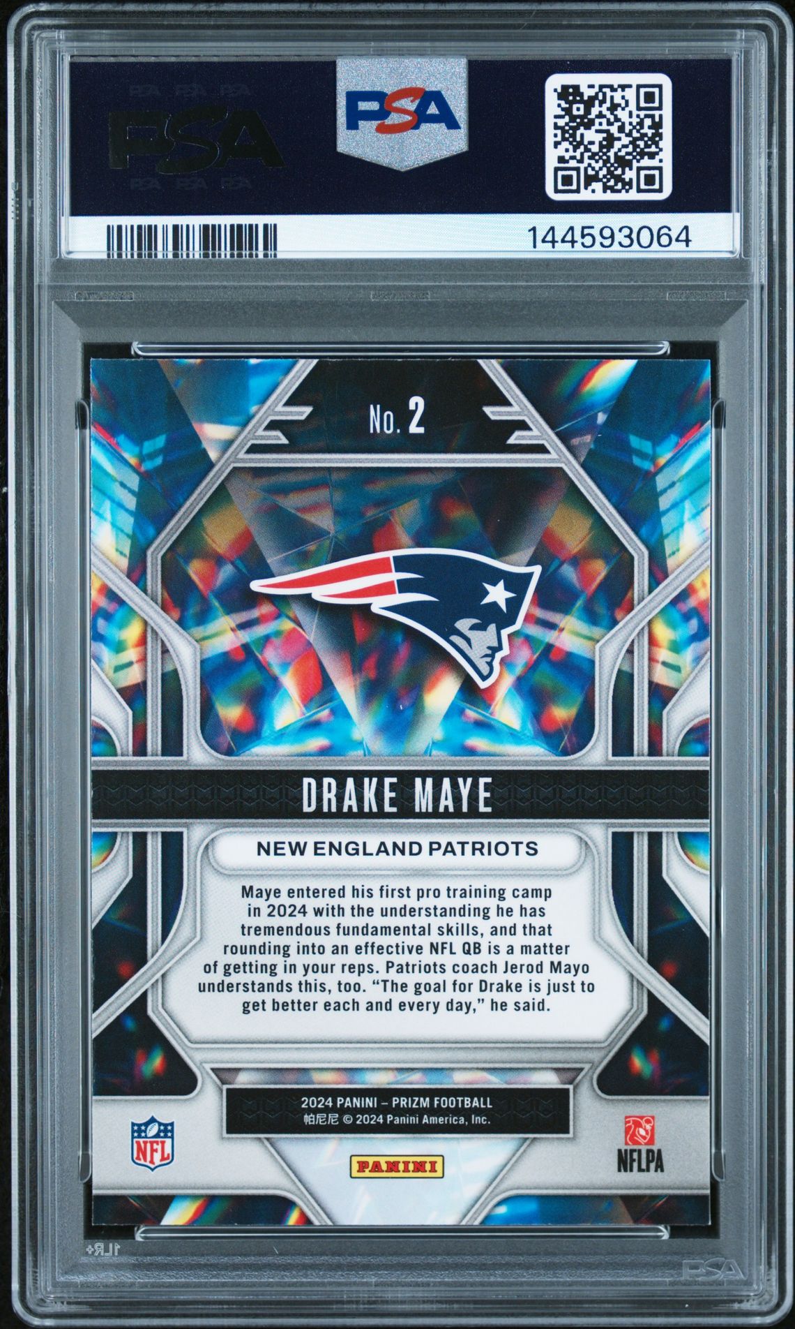2024 Panini Prizm Prizmatic Drake Maye #2 Gem Mt 10 back view - PSA certificate #144593064