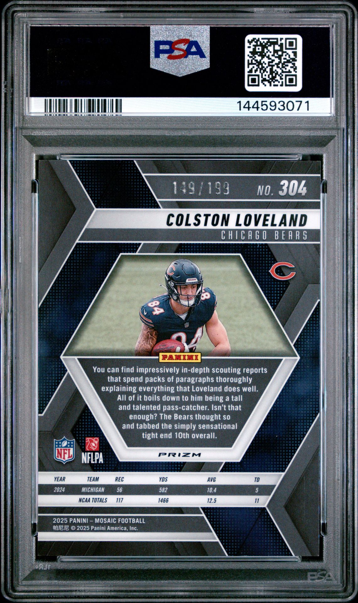 2025 Panini Mosaic Colston Loveland #304 (Orange) Gem Mt 10 back view - PSA certificate #144593071
