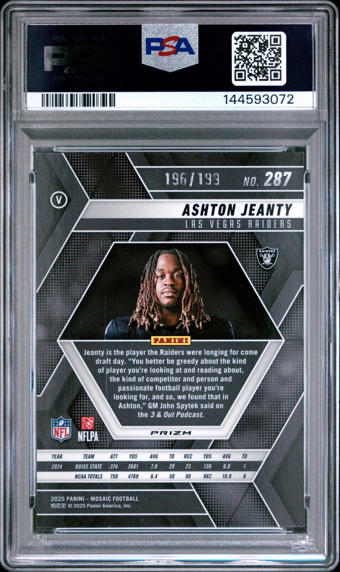 2025 Panini Mosaic Ashton Jeanty #287 (Orange) Mint 9 back