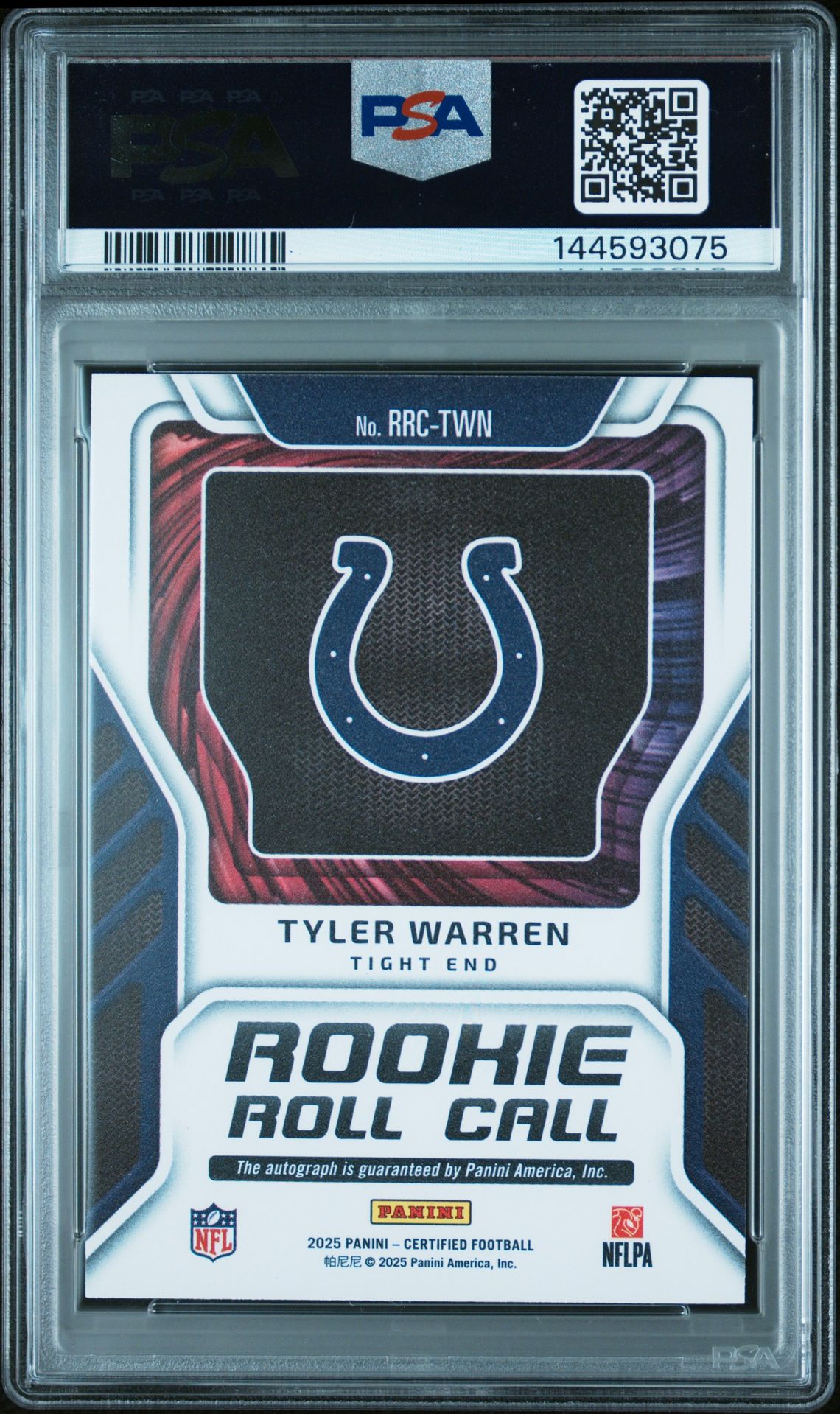 2025 Panini Certified Rookie Roll Call Signatures Tyler Warren #Twn (Rk Roll Call Sig-Mir Red Etch) Gem Mt 10 back