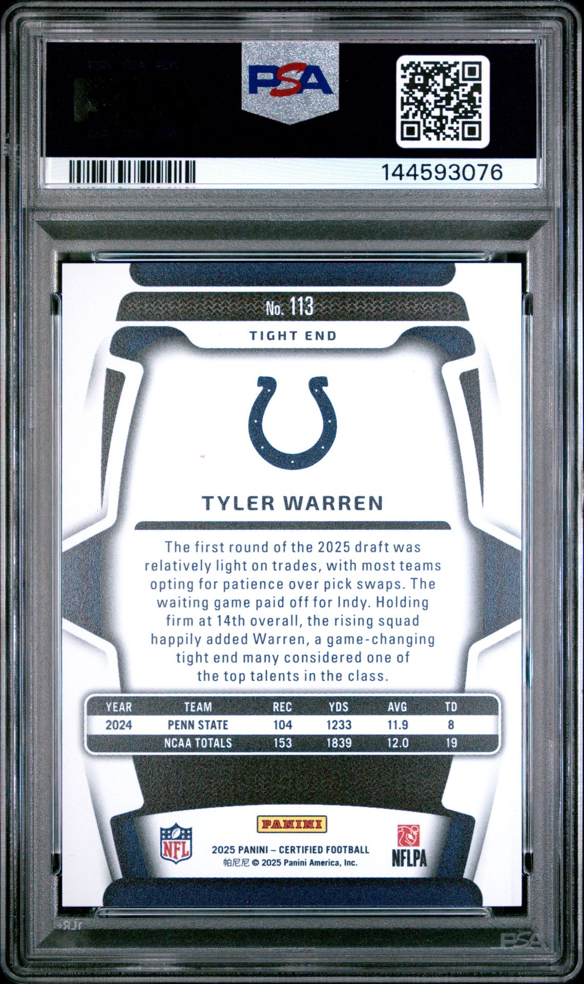 2025 Panini Certified Tyler Warren #113 (Mirror Orange) Mint 9 back