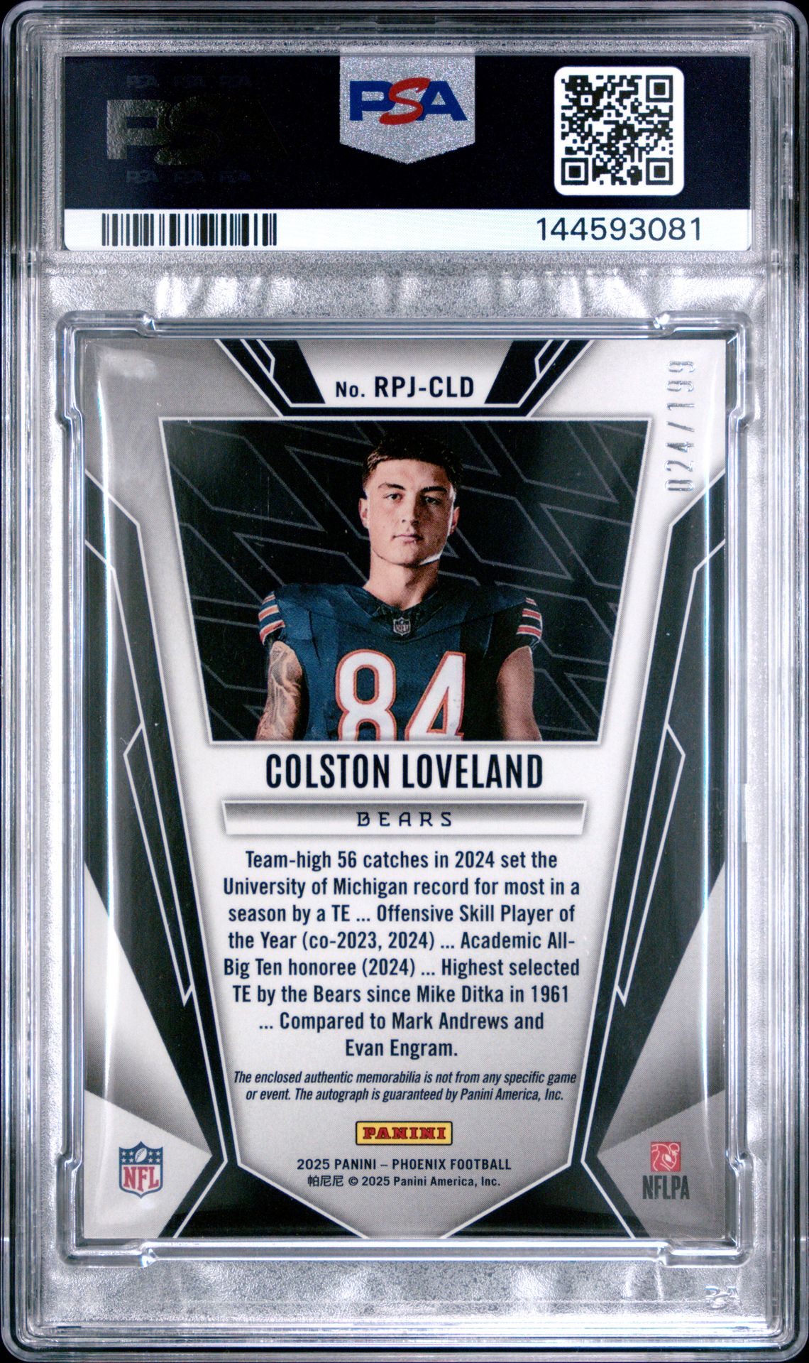 2025 Panini Phoenix Rookie Phenom Jersey Autographs Colston Loveland #Rpj-Cld (Rk Phenom Jsy Au-Brz Pndra) Mint 9 back