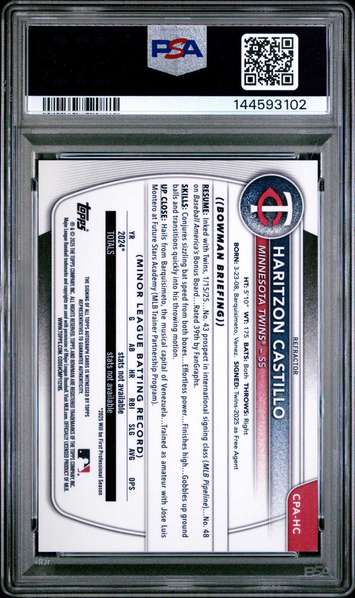 2025 Bowman Chrome Prospect Autographs Haritzon Castillo #Cpahc (Chrome Pros Au-Refractor) Gem Mt 10 back