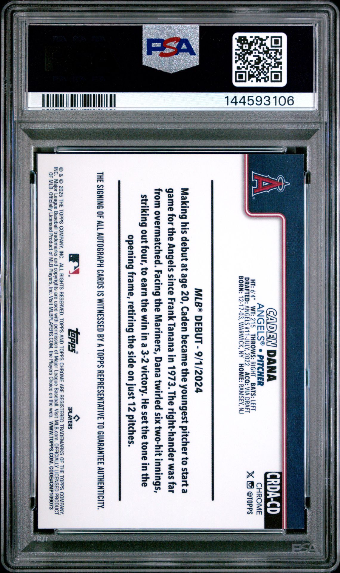 2025 Topps Chrome Update Rookie Debut Autographs Caden Dana #Cd (Rookie Debut Auto-Purple Ref) Mint 9 back