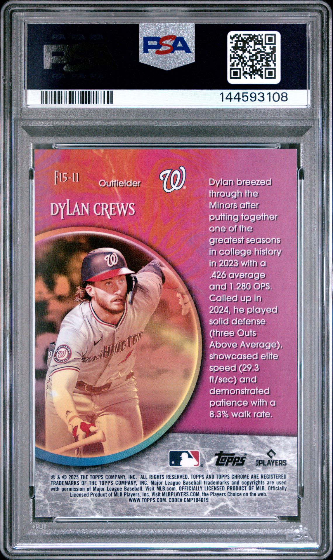 2025 Topps Chrome Logofractor Edition Fortune 15 Dylan Crews #F15-11 (Fortune 15-Gold Refractor) Gem Mt 10 back view - PSA certificate #144593108