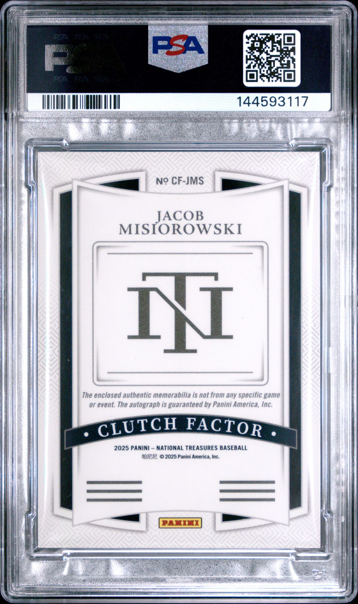 2025 Panini National Treasures Clutch Factor Signature Relics Jacob Misiorowski #Cf-Jms Mint 9 back