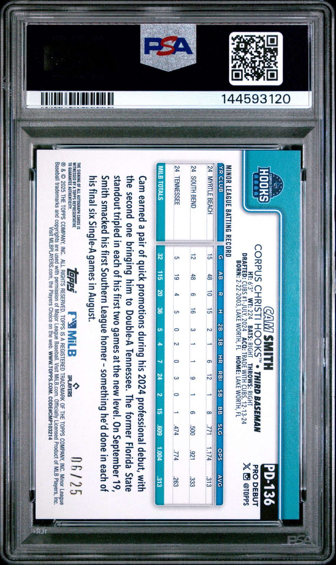 2025 Topps Pro Debut Cam Smith #136 (Autograph-Orange Foil) Mint 9 back