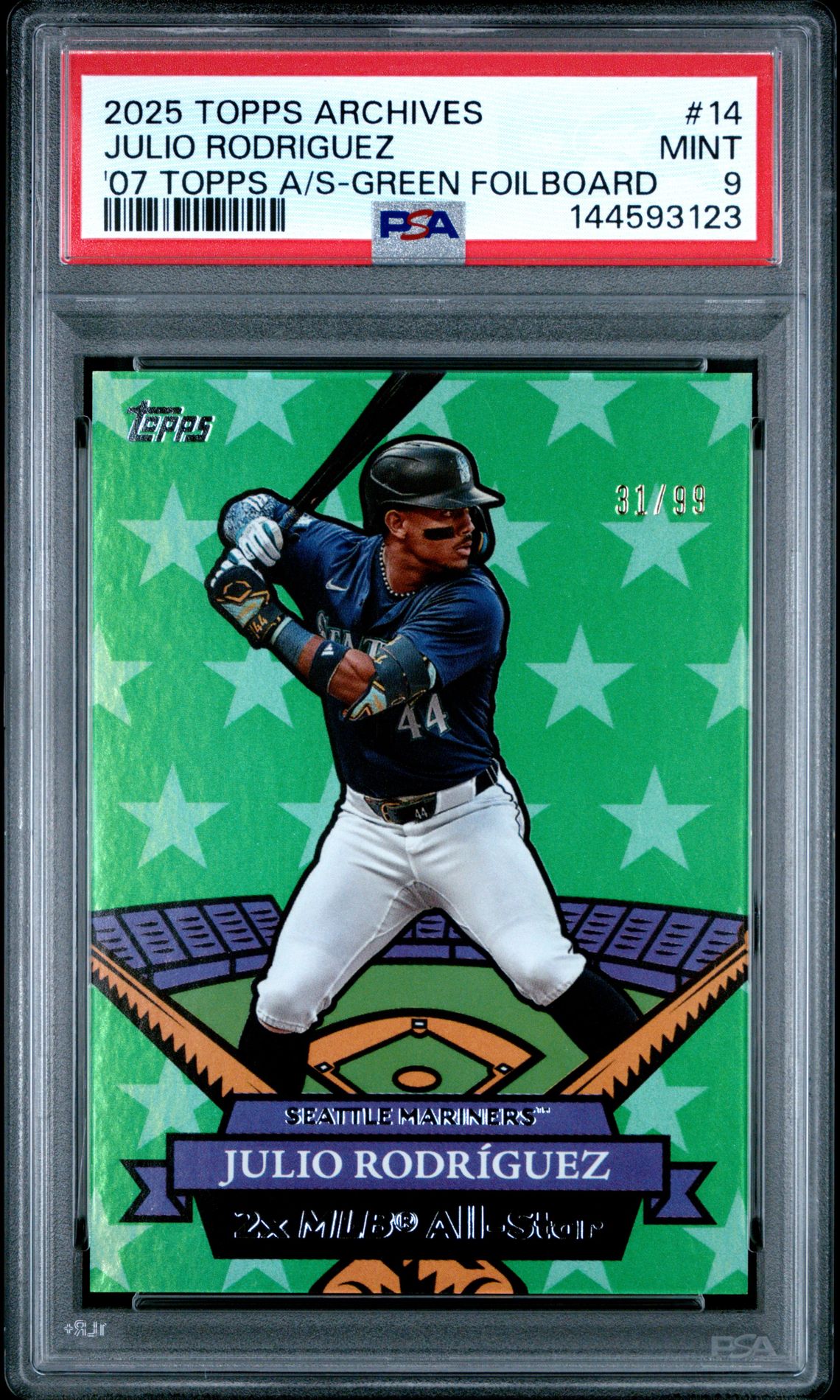 2025 Topps Archives 2007 Topps All Stars Julio Rodriguez #14 ('07 Topps A/S-Green Foilboard) Mint 9 front