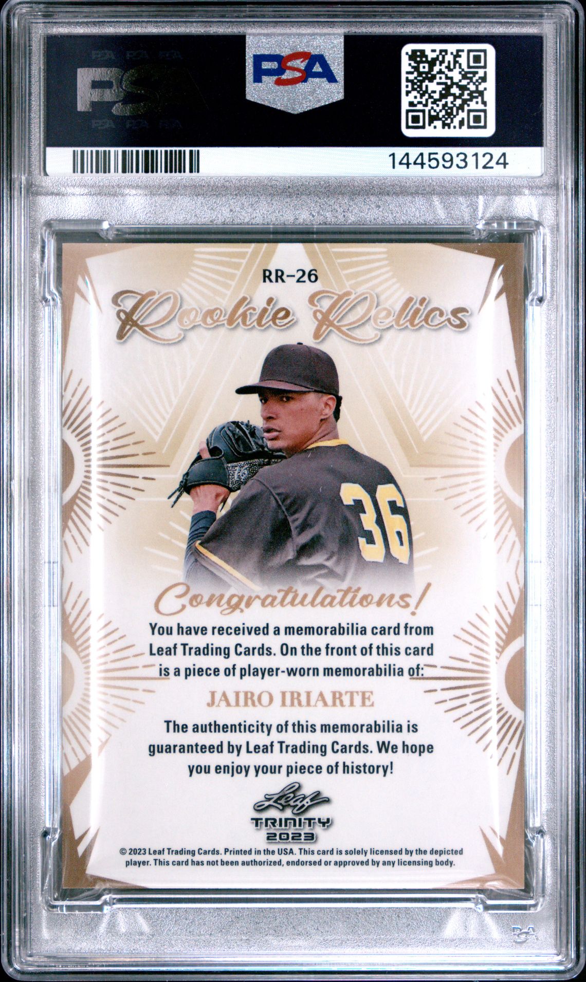 2023 Leaf Trinity Mega Box Rookie Relics Jairo Iriarte #Rr26 Gem Mt 10 back