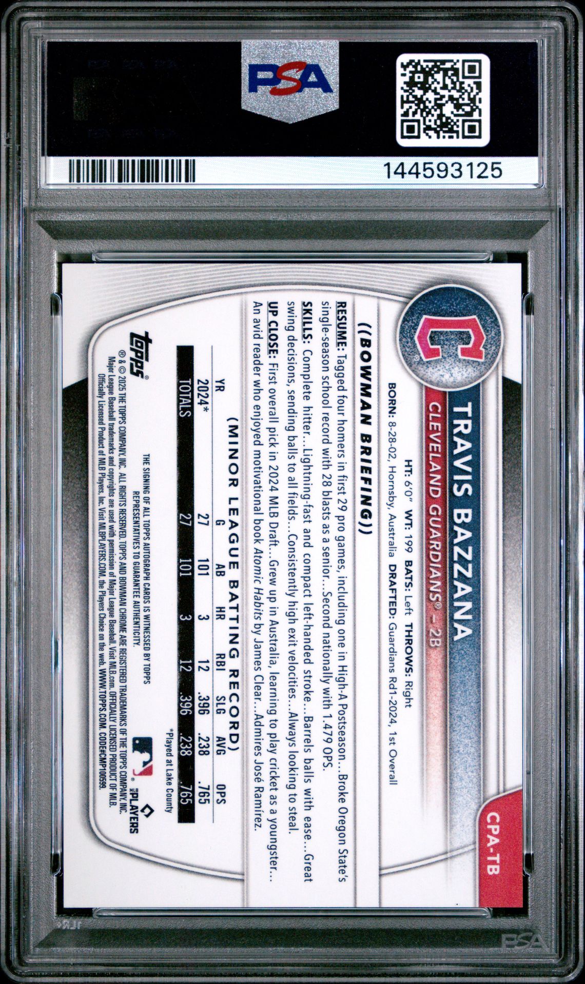 2025 Bowman Chrome Prospect Autographs Travis Bazzana #Cpatb (Chr Pros Au-Hta Choice Ref) Nm-Mt 8 back