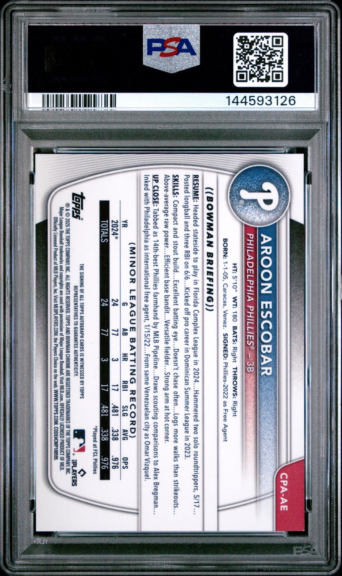 2025 Bowman Chrome Prospect Autographs Aroon Escobar #Cpaae (Chrome Pros Au-Green Shim) Mint 9 back