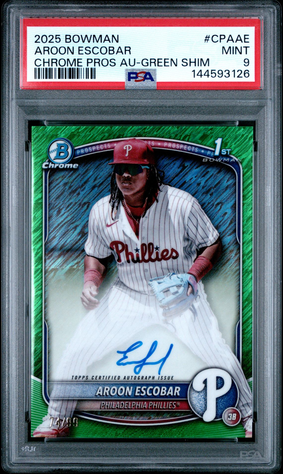 2025 Bowman Chrome Prospect Autographs Aroon Escobar #Cpaae (Chrome Pros Au-Green Shim) Mint 9 front