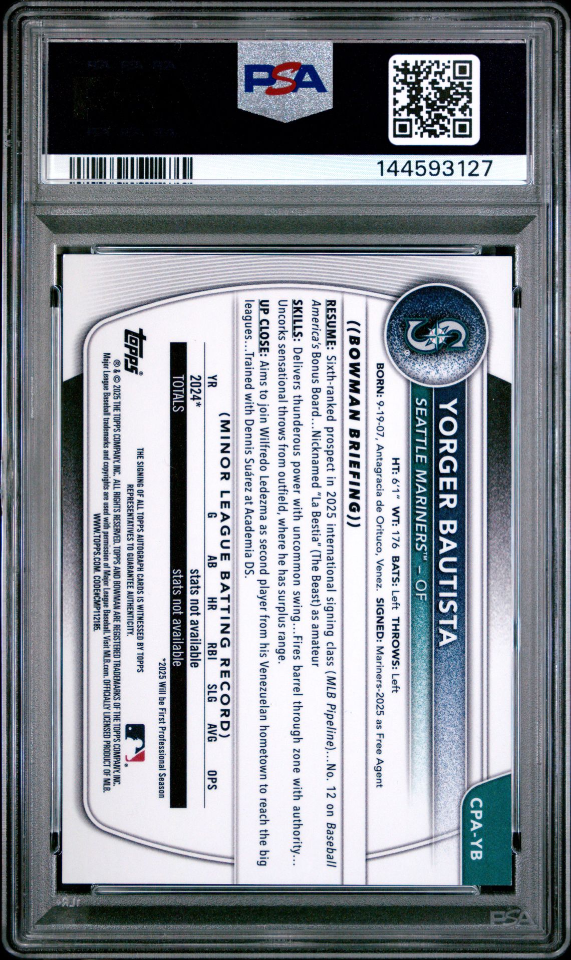 2025 Bowman Chrome Prospect Autographs Yorger Bautista #Cpayb (Chr Pros Auto-Blue Reptilian) Mint 9 back