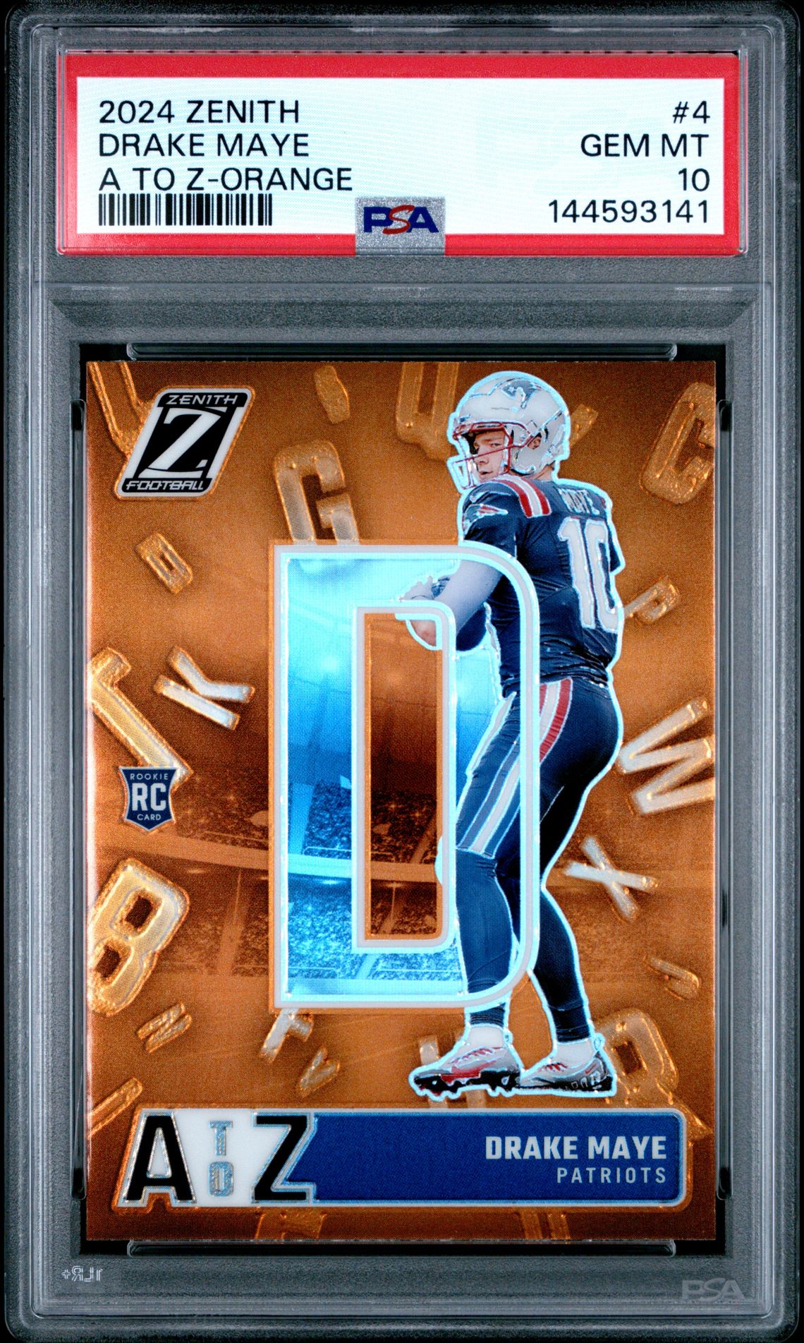 2024 Panini Zenith A To Z Drake Maye #4 (A To Z-Orange) Gem Mt 10 front
