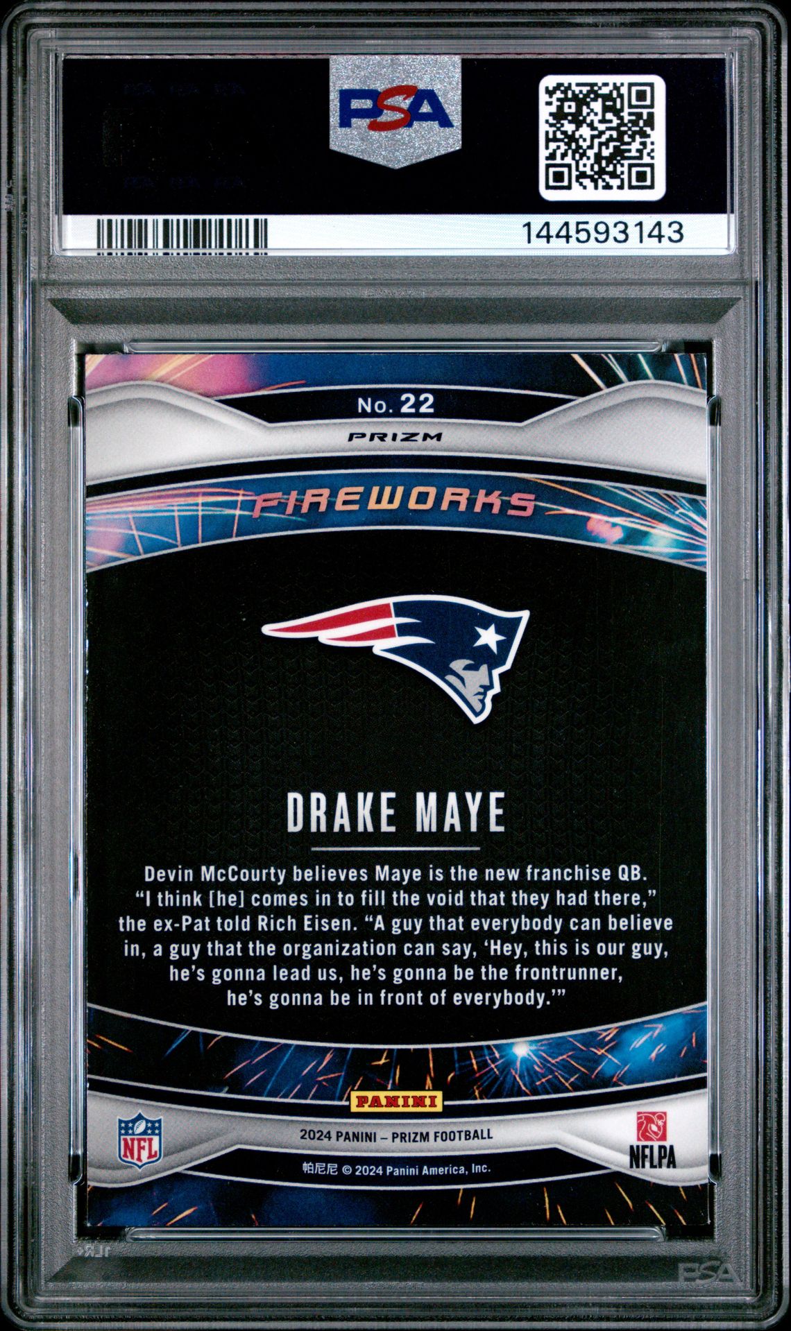 2024 Panini Prizm Fireworks Drake Maye #22 (Fireworks-Green Prizm) Gem Mt 10 back view - PSA certificate #144593143