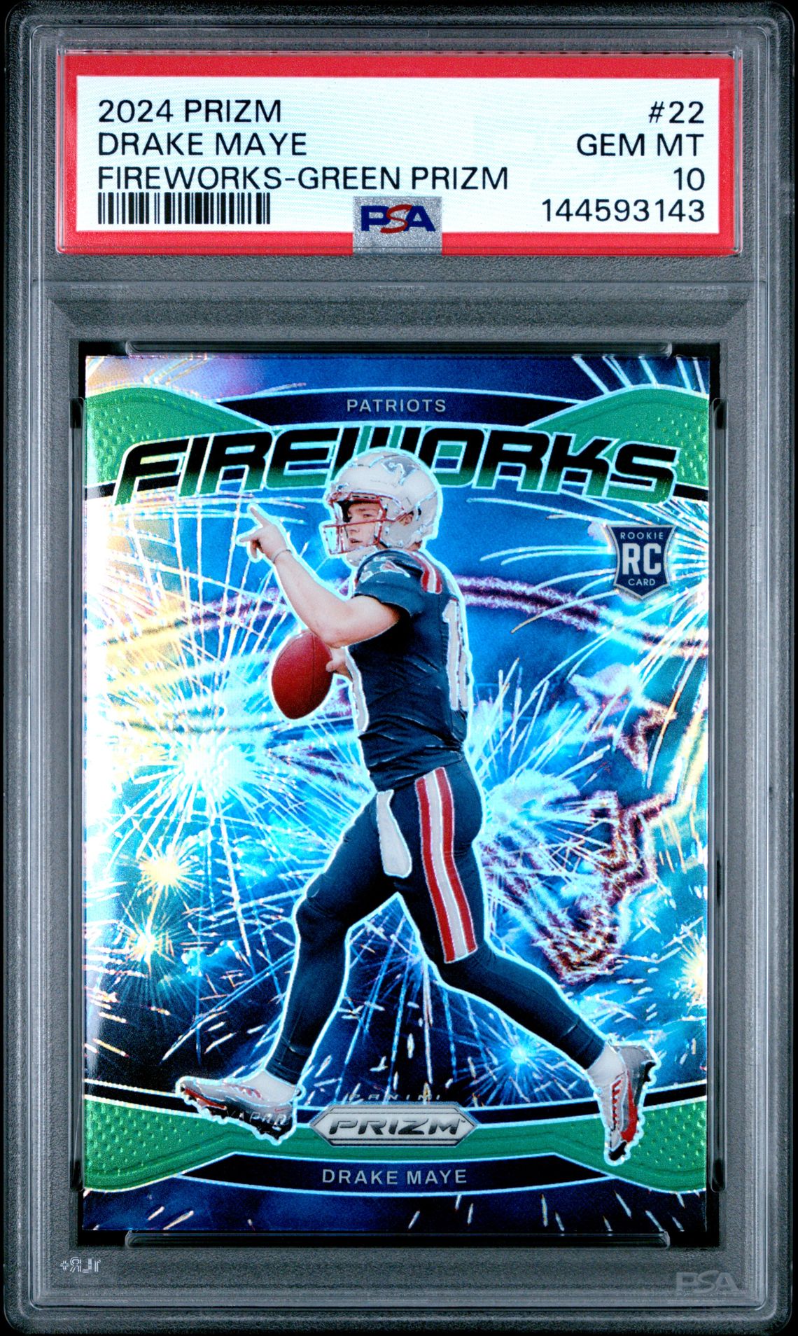 2024 Panini Prizm Fireworks Drake Maye #22 (Fireworks-Green Prizm) Gem Mt 10 front view - PSA graded GEM MT 10