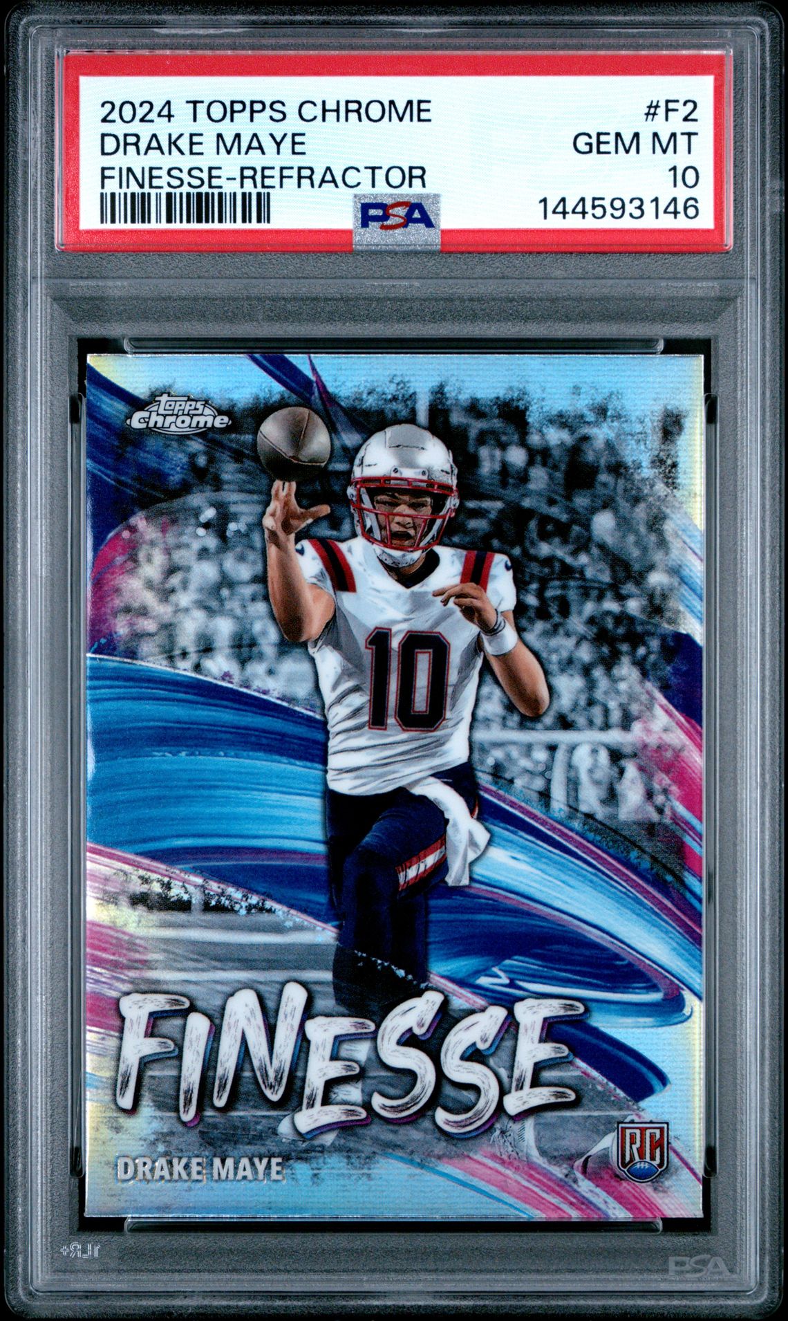 2024 Topps Chrome Finesse Drake Maye #F2 (Finesse-Refractor) Gem Mt 10 front view - PSA graded GEM MT 10