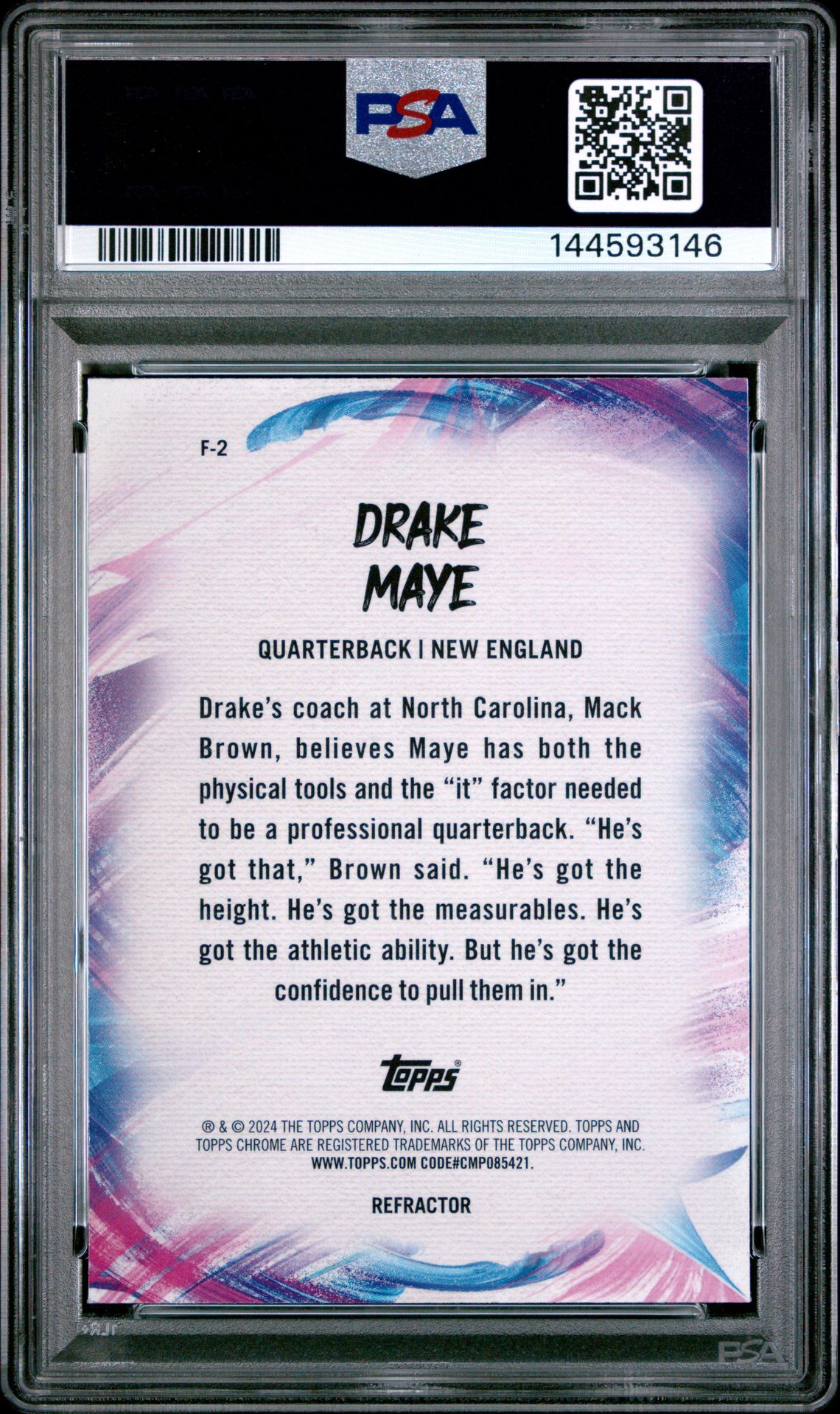 2024 Topps Chrome Finesse Drake Maye #F2 (Finesse-Refractor) Gem Mt 10 back view - PSA certificate #144593146