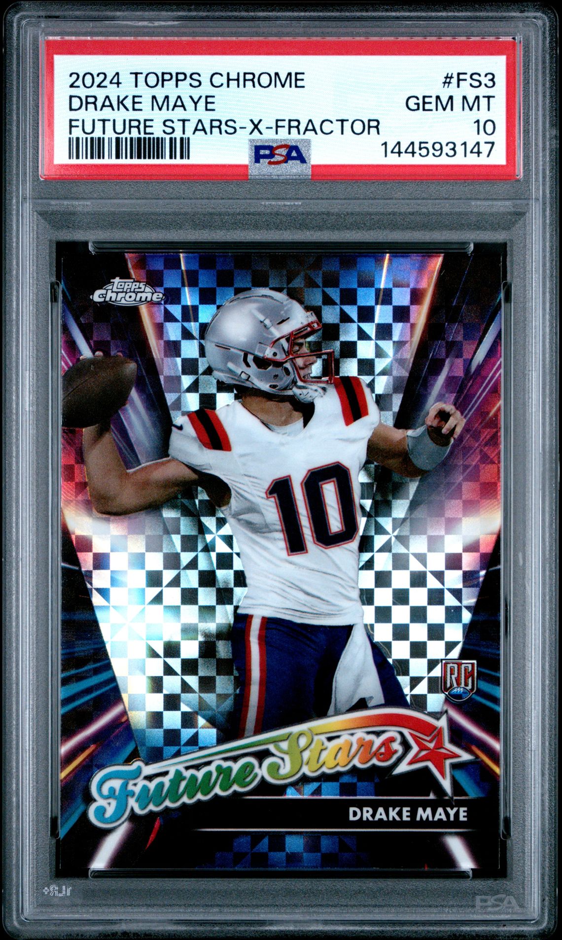 2024 Topps Chrome Future Stars Drake Maye #Fs3 (Future Stars-X-Fractor) Gem Mt 10 front view - PSA graded GEM MT 10