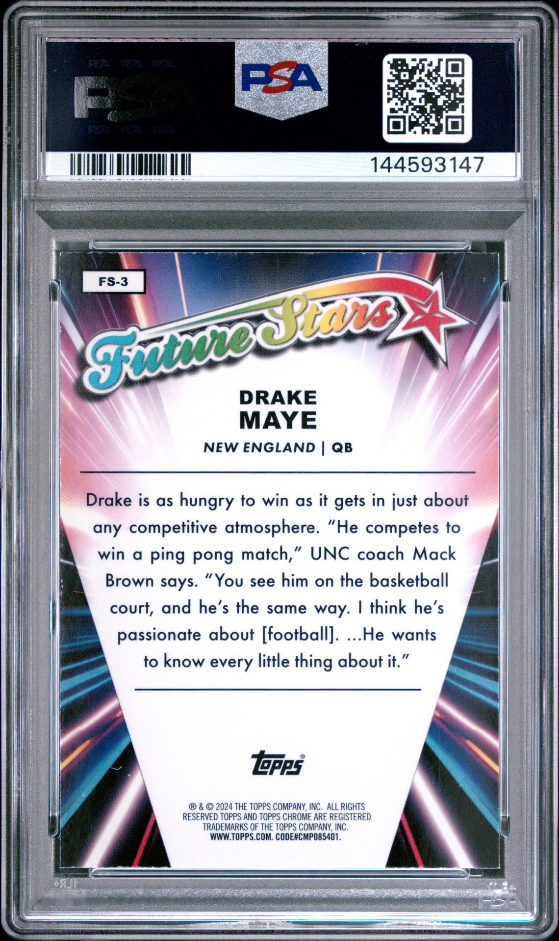 2024 Topps Chrome Future Stars Drake Maye #Fs3 (Future Stars-X-Fractor) Gem Mt 10 back view - PSA certificate #144593147