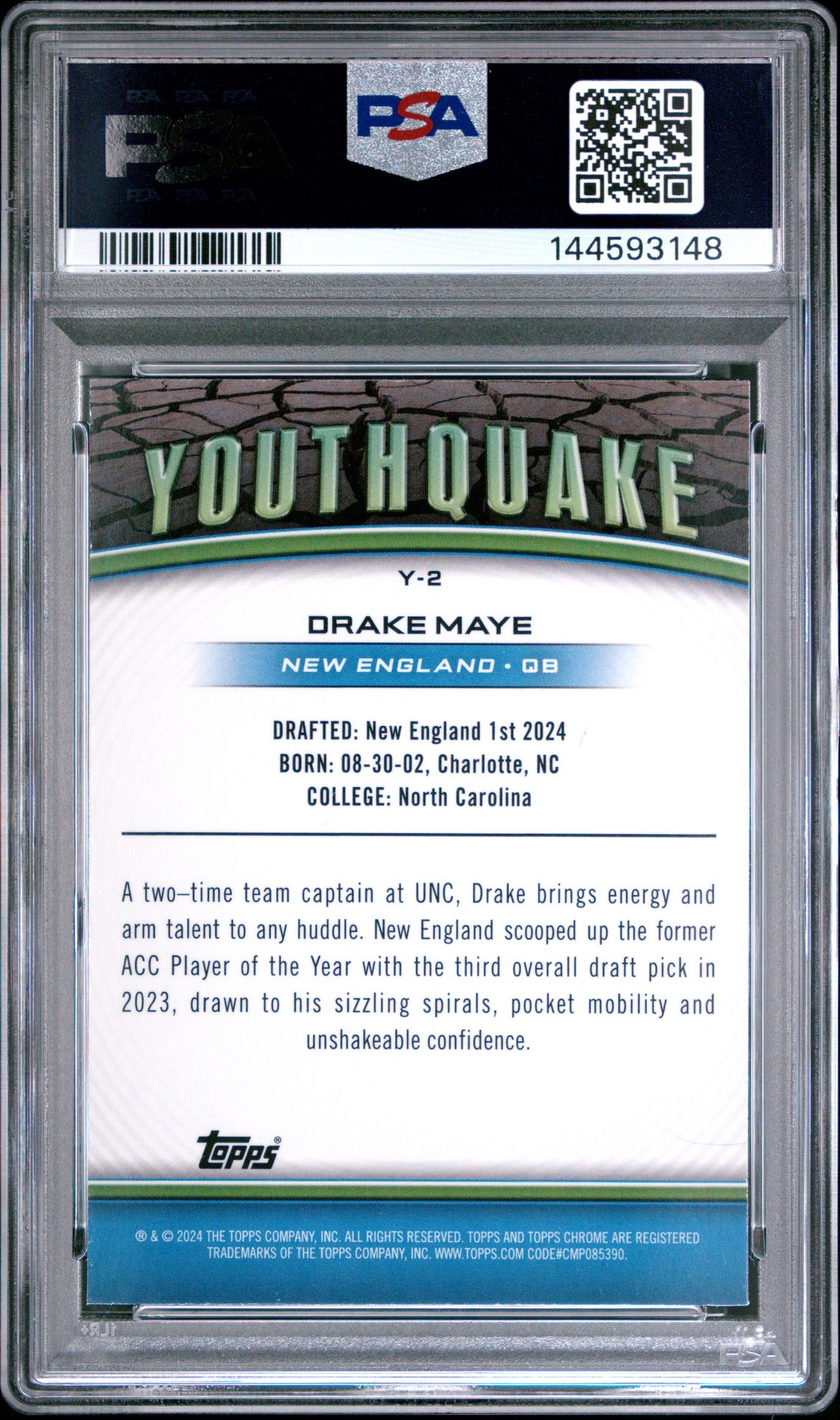 2024 Topps Chrome Youthquake Drake Maye #Y2 (Youthquake-X-Fractor) Gem Mt 10 back view - PSA certificate #144593148