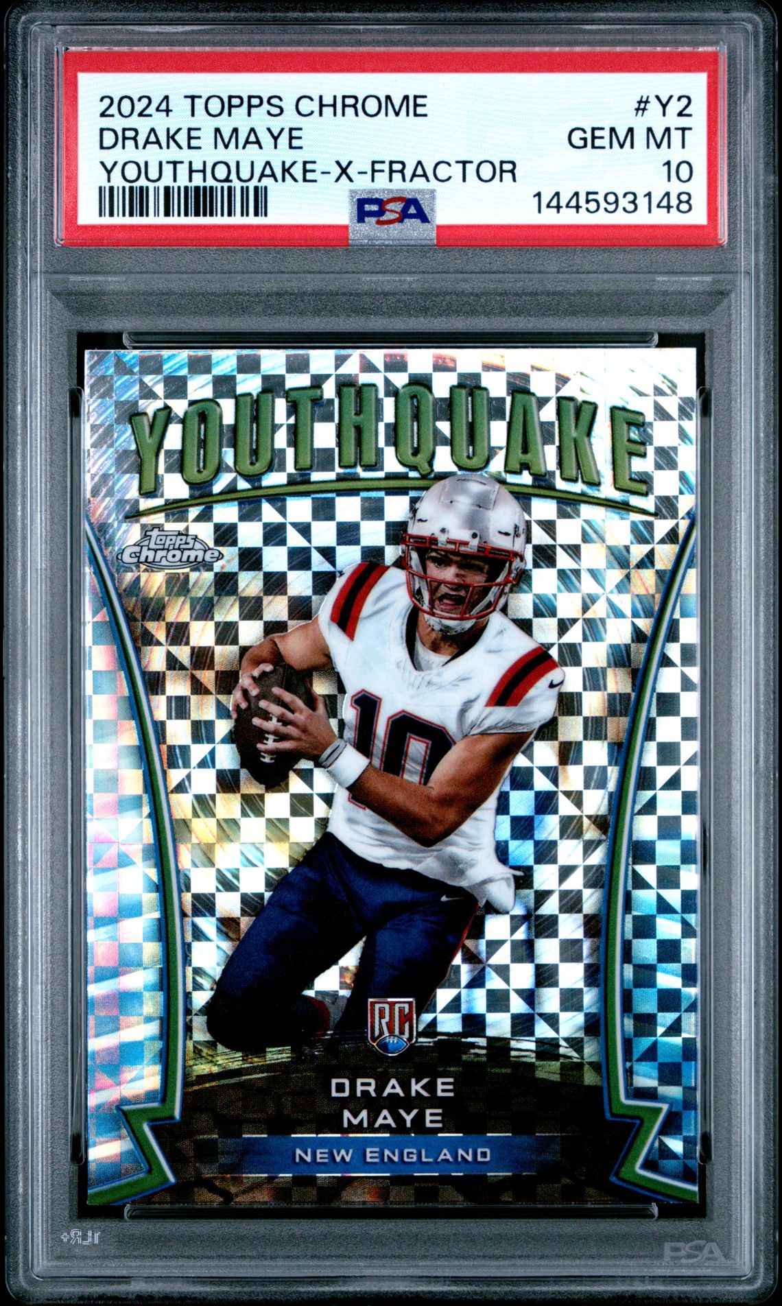 2024 Topps Chrome Youthquake Drake Maye #Y2 (Youthquake-X-Fractor) Gem Mt 10 front view - PSA graded GEM MT 10