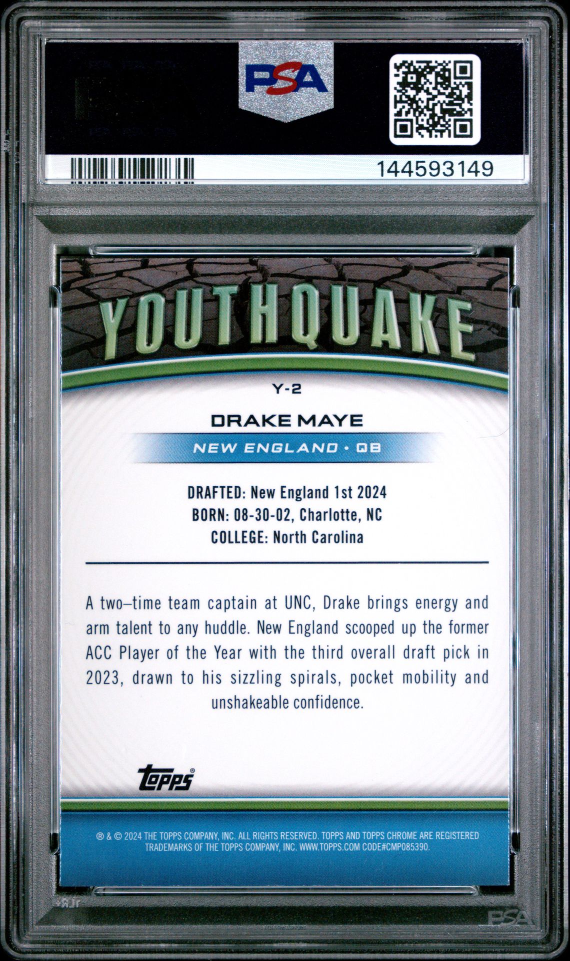 2024 Topps Chrome Youthquake Drake Maye #Y2 (Youthquake-Pink Ref) Gem Mt 10 back