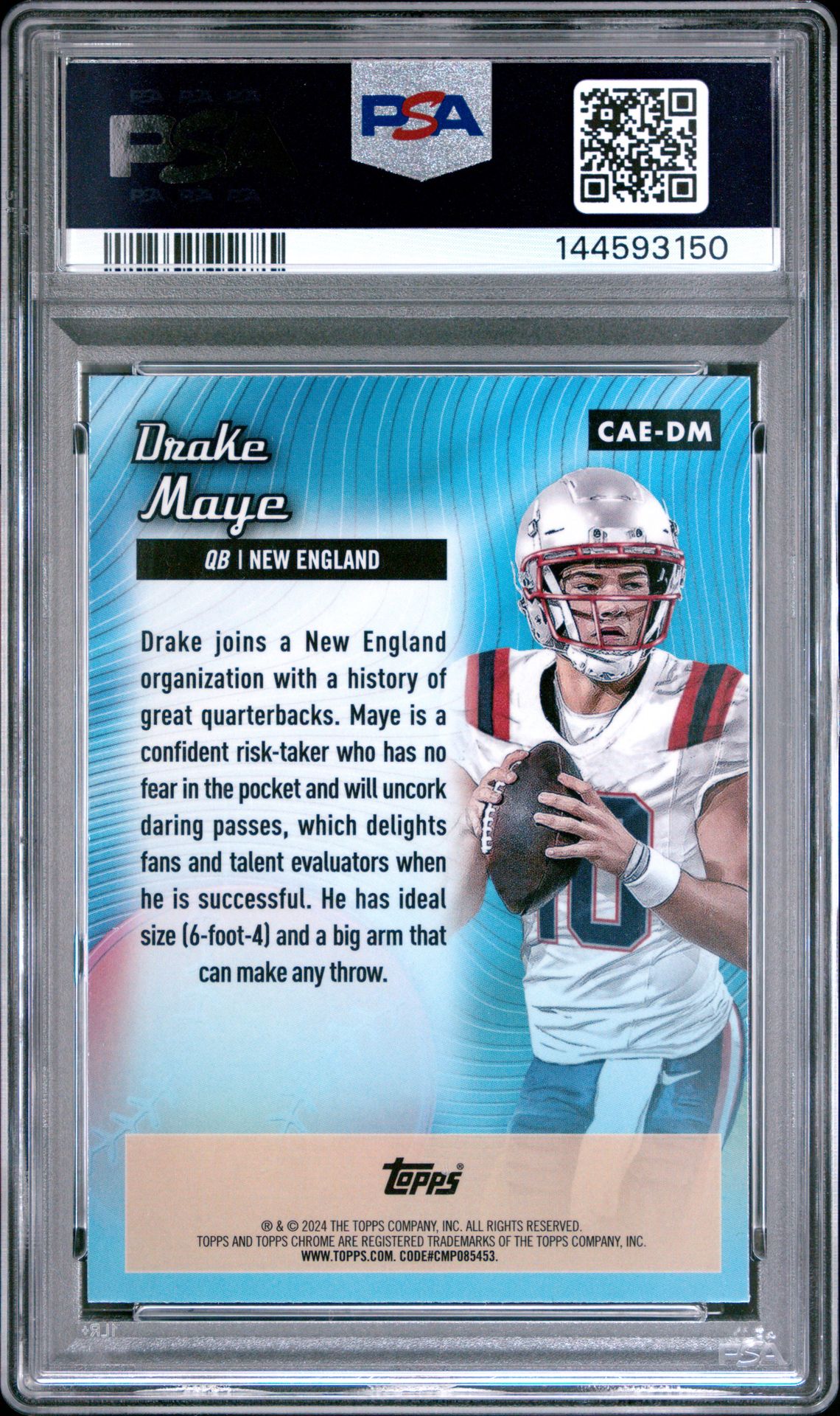 2024 Topps Chrome Chrome All-Etch Drake Maye #Caedm (Chrome All-Etch-Pink Ref) Gem Mt 10 back view - PSA certificate #144593150