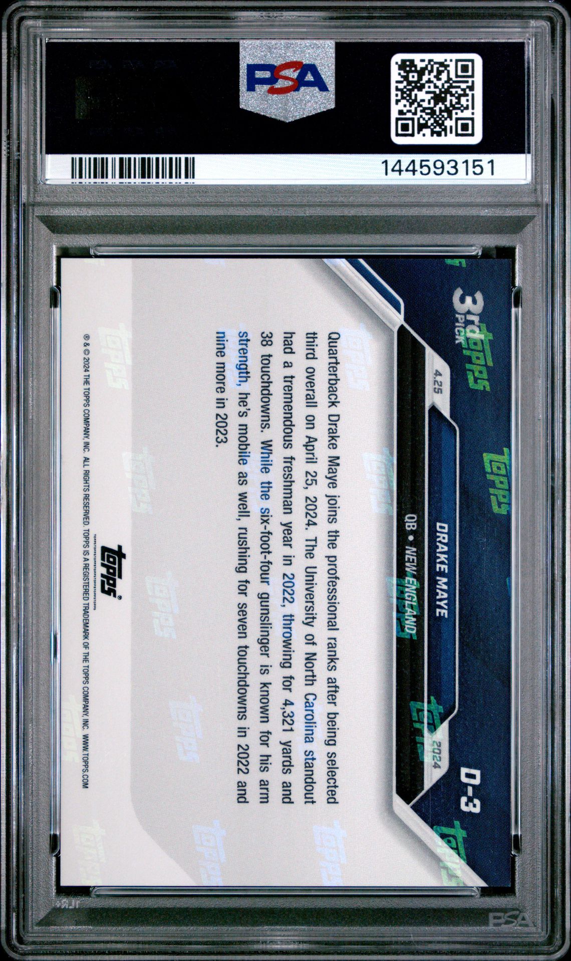 2024 Topps Now Drake Maye #D3 Gem Mt 10 back