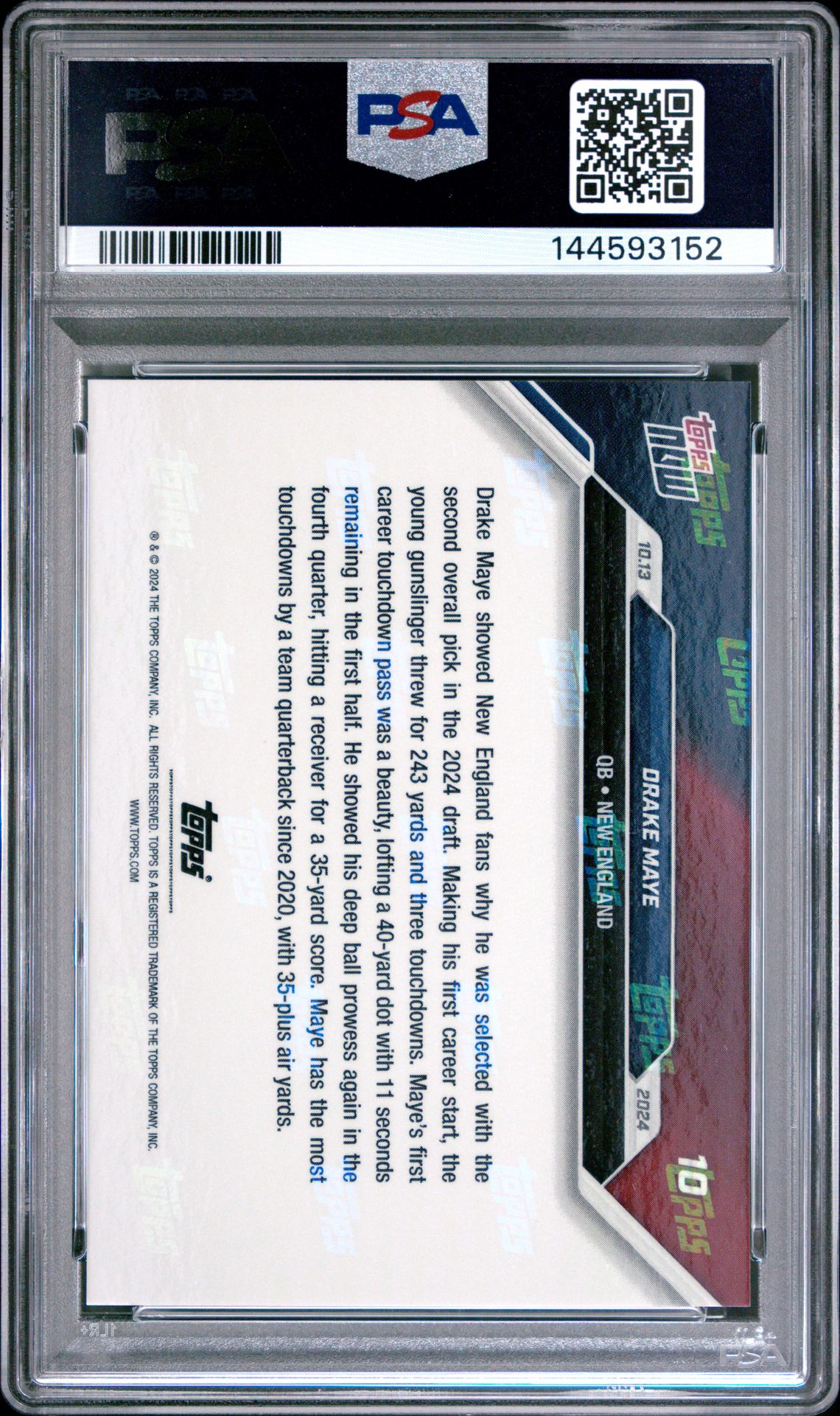 2024 Topps Now Drake Maye #10 Gem Mt 10 back view - PSA certificate #144593152
